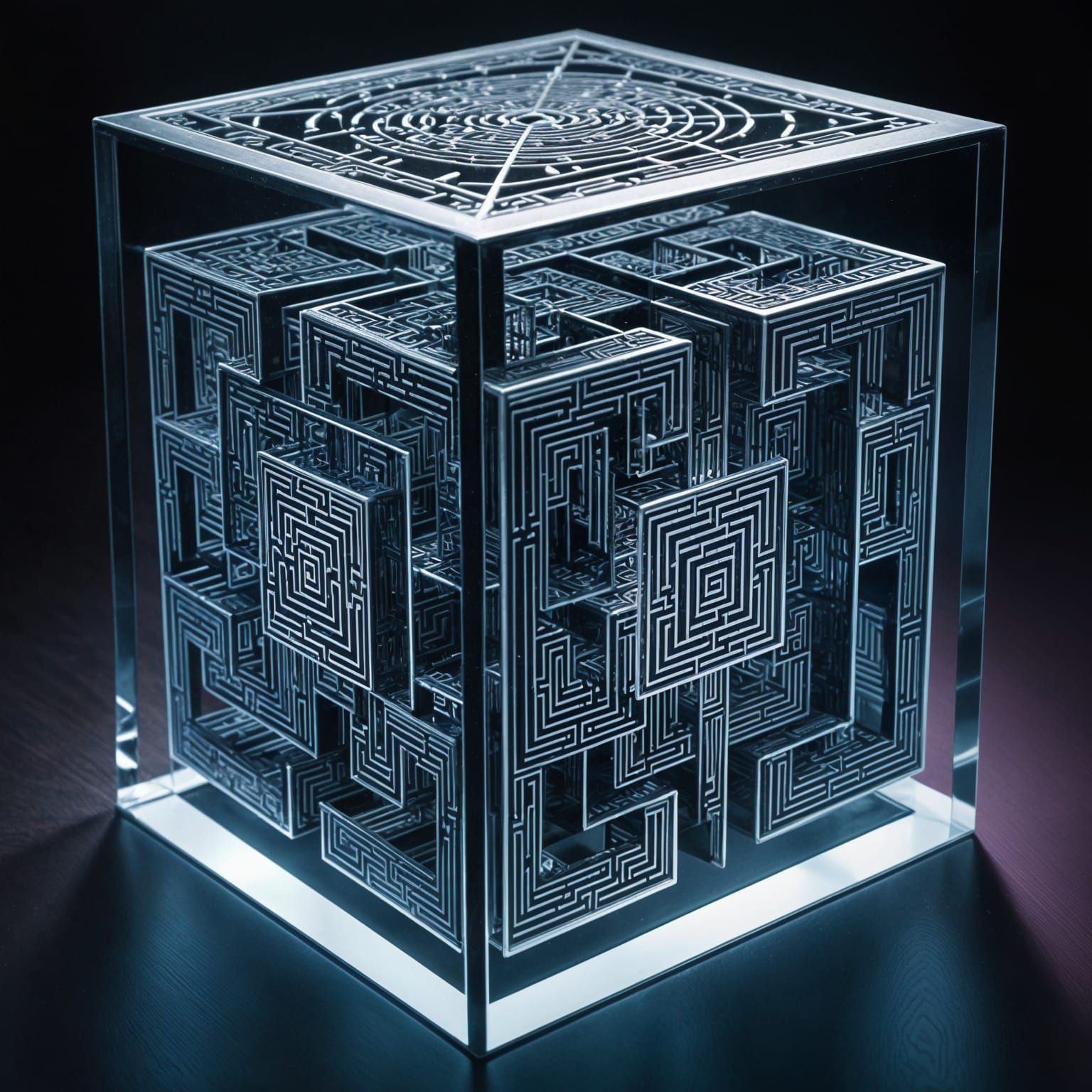 Surreal 3D Titanium Maze in Cyberpunk Aesthetic