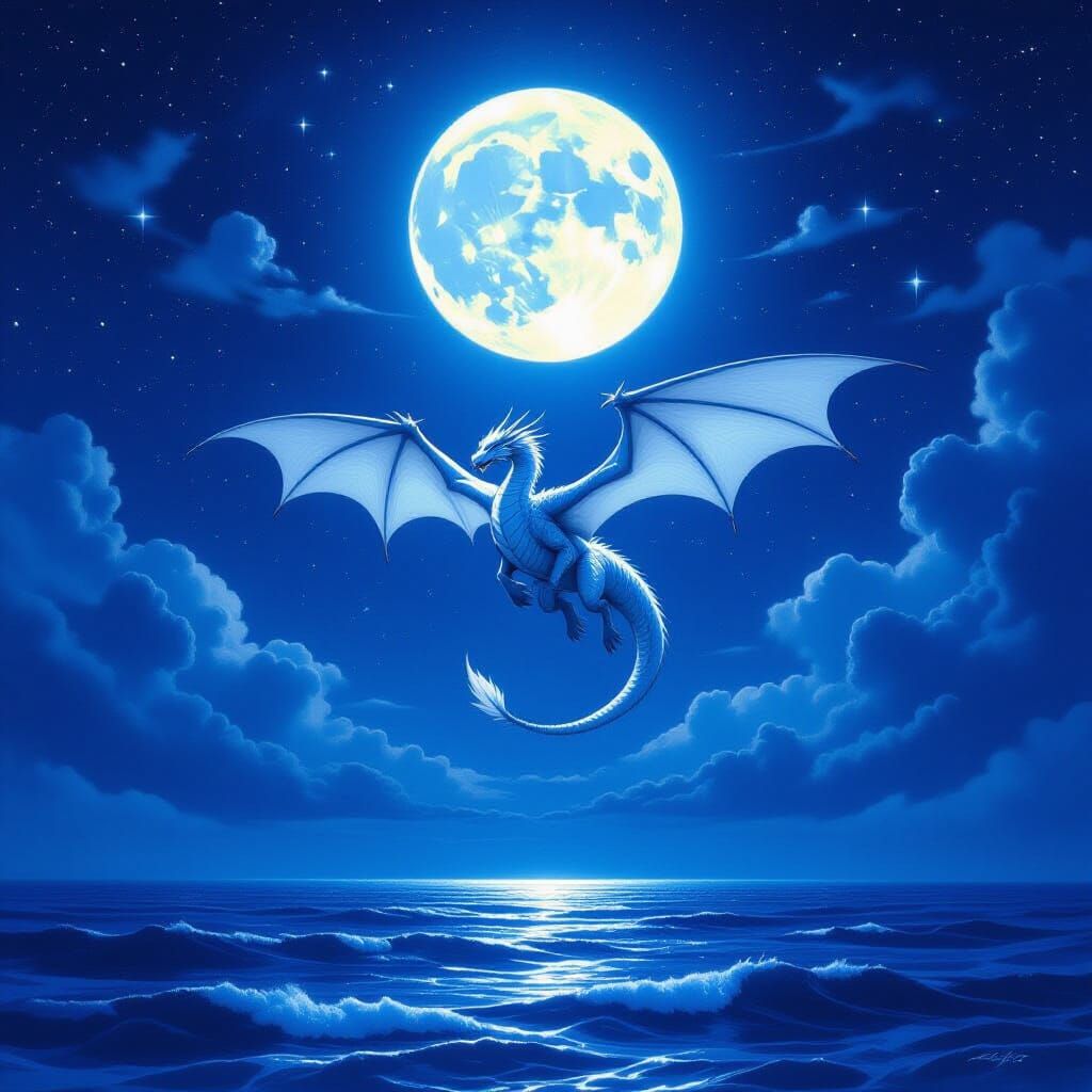 Majestic White Dragon Soars Under Luminous Moon