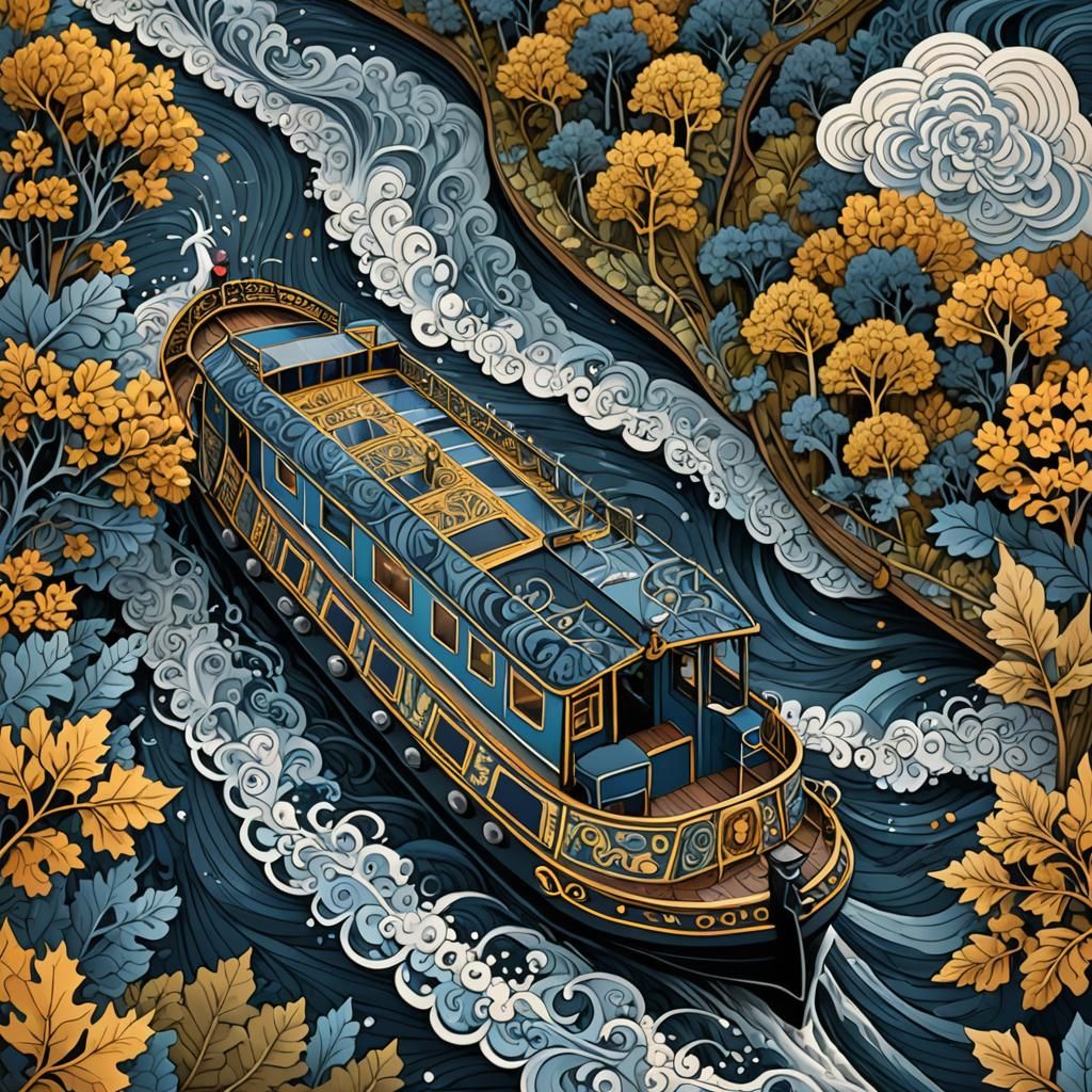 Narrowboat Cruises Canal Amidst Abstract Fractals