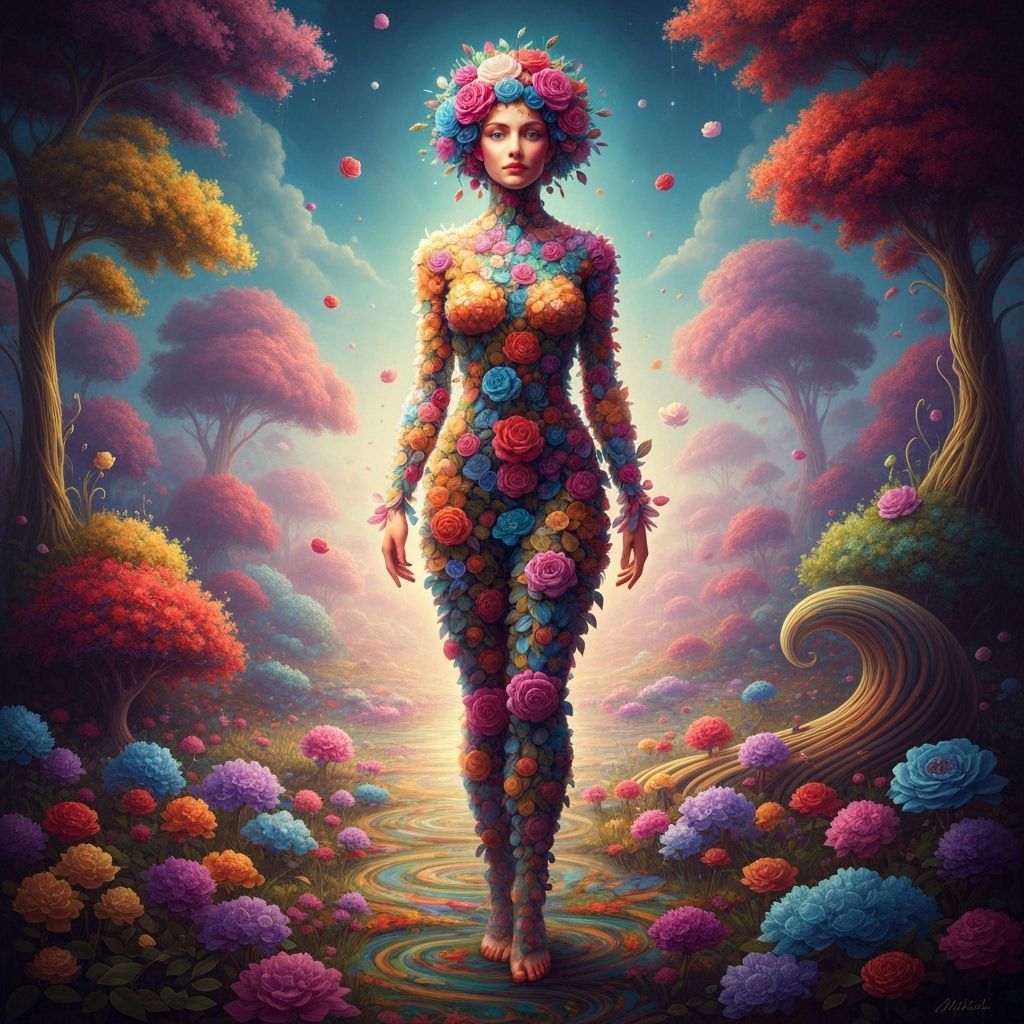Surreal Woman Composed of Flowers in Dreamlike Landscape