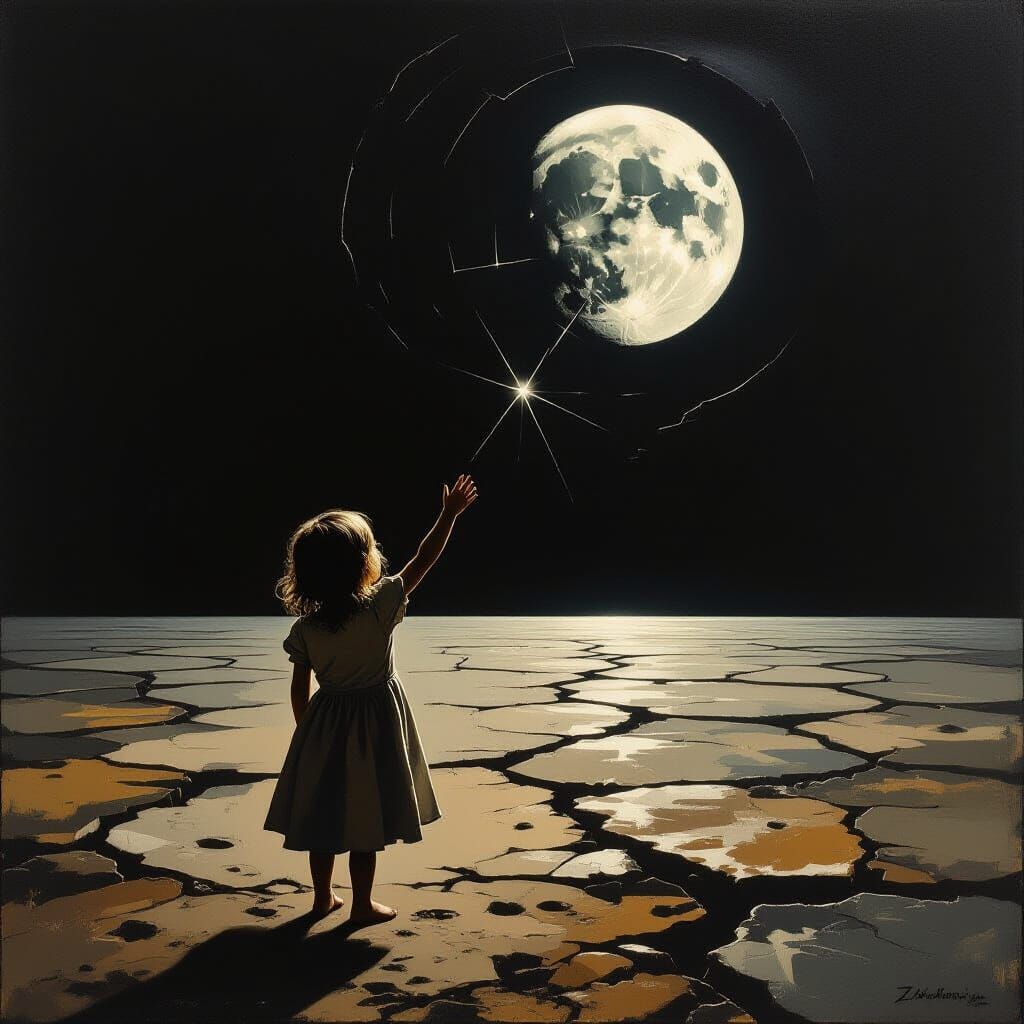 Child Reaches Fractured Moon in Dark Surreal Void