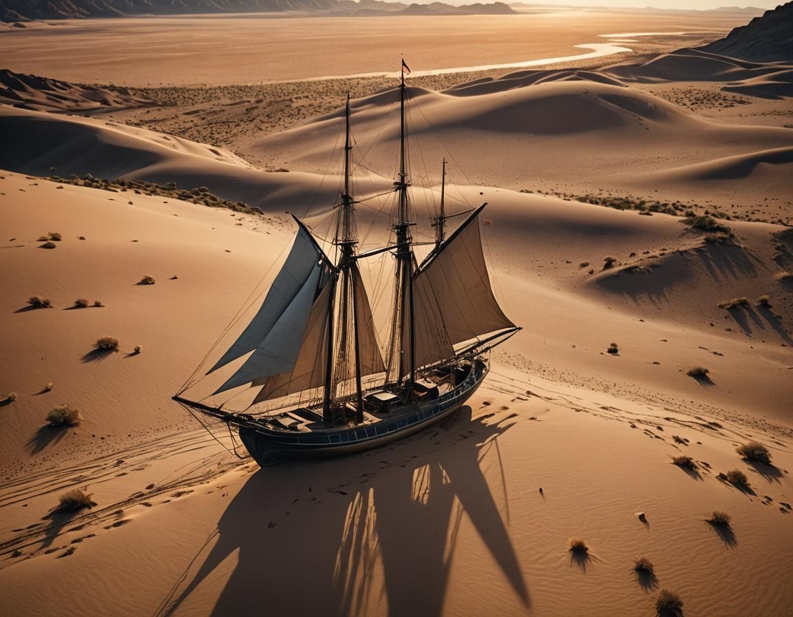 Stranded Sailboat in Golden Desert