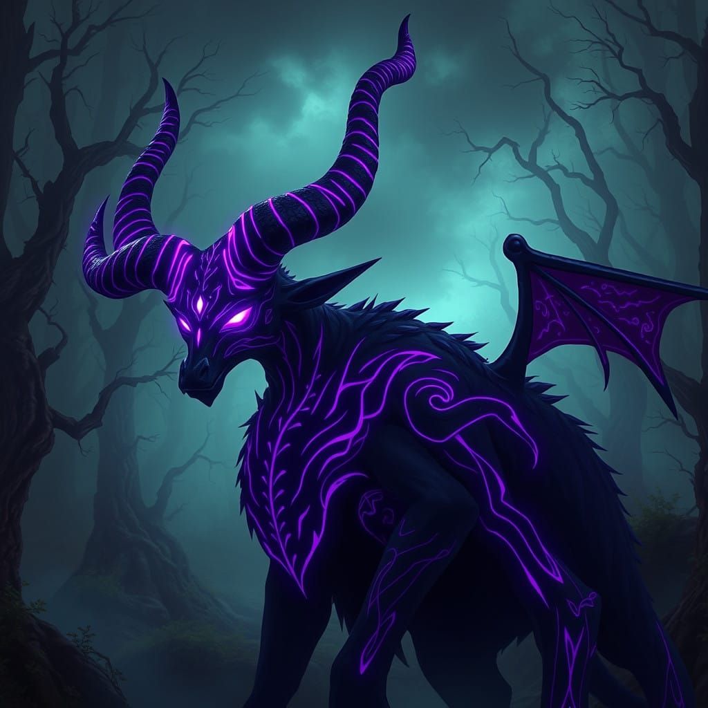 Ethereal Shadow Demon with Neon Smoan Markings in Dark Fores...