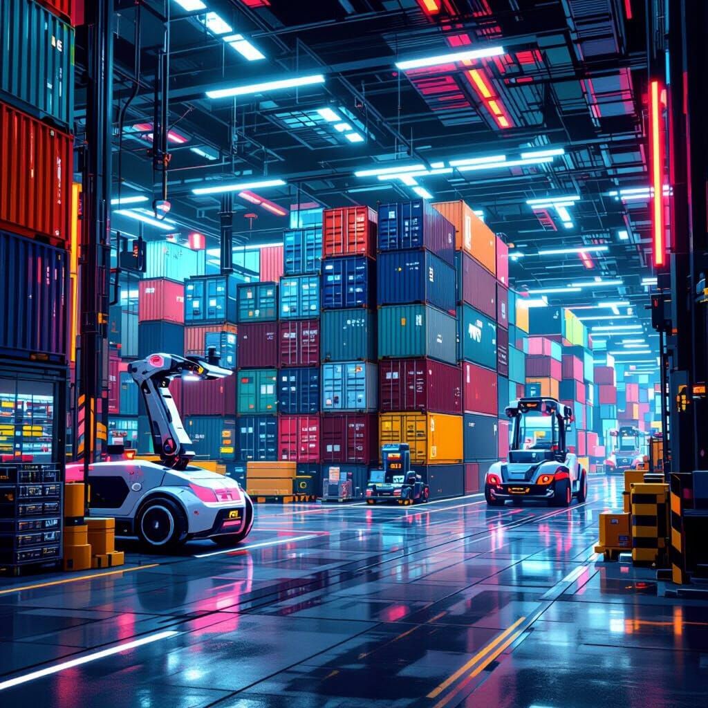 Futuristic Logistic Distribution Center with Neon Lights