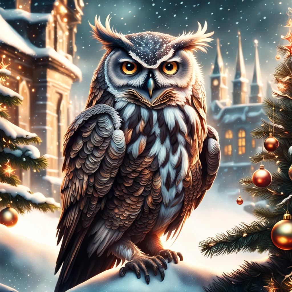 Festive Christmas Owl Digital Painting