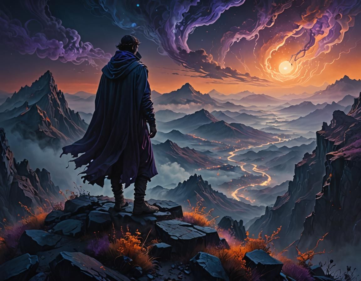 Mysterious Wanderer on Mountaintop in Surreal Style
