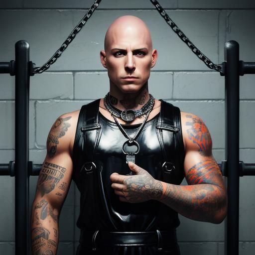 Tattooed Man in PVC Jumpsuit: Hyperrealistic Prison Art