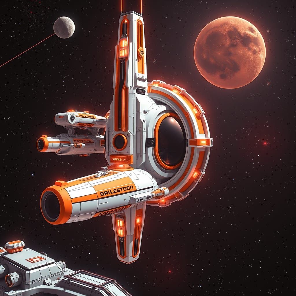 Retro-Futuristic Space Station in Orange, White, and Chrome
