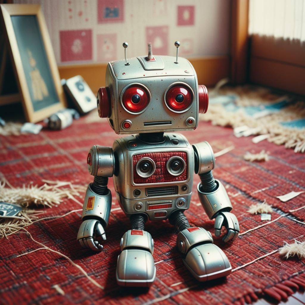 Vintage Robot Plushie in Hyperrealist Analog Photograph