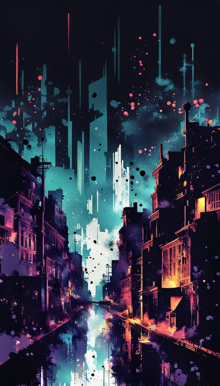 Ink Splatter Cityscape, Midnight, Glitchcore (xtough's Ink S...