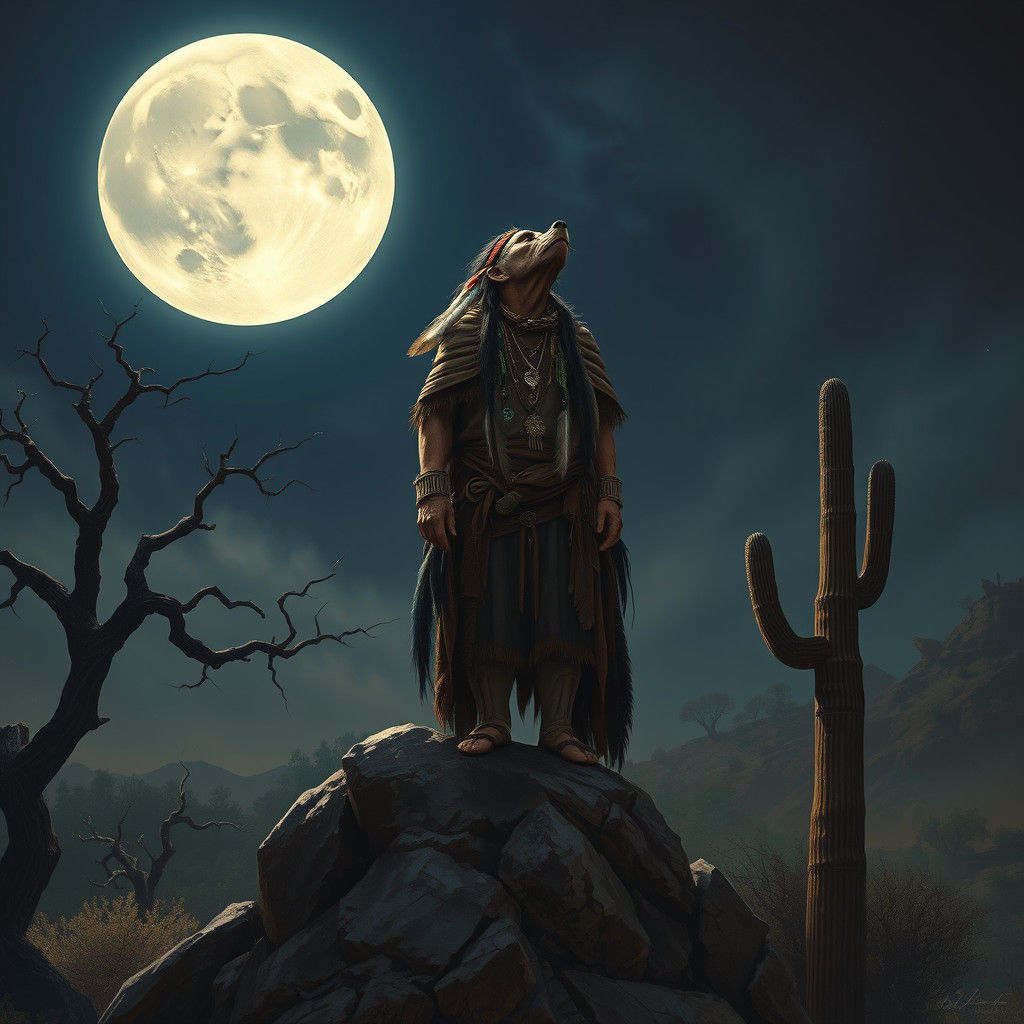 Native American Coyote Chief Gazing at Full Moon