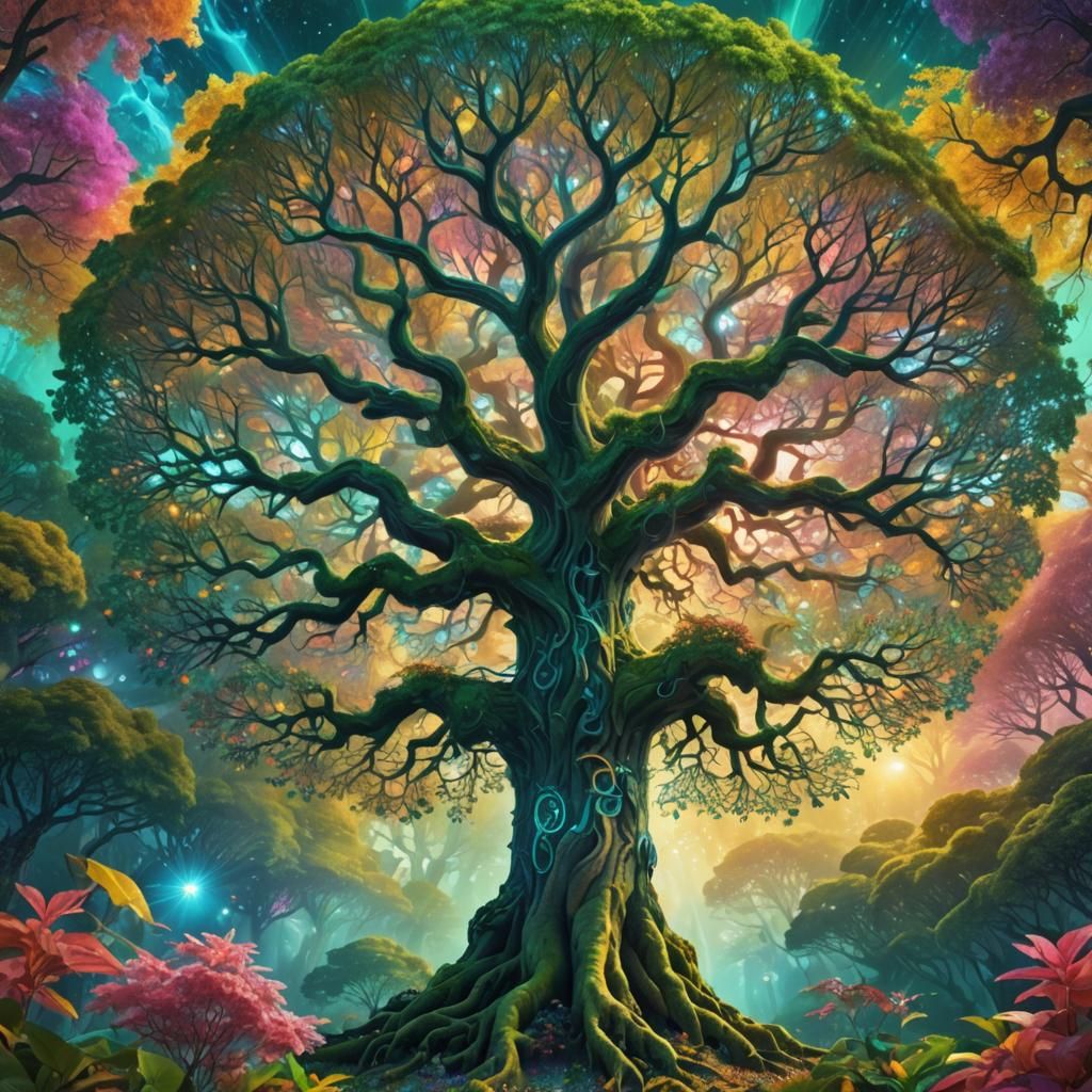Vibrant Fantasy Forest with Majestic Tree in Digital Paintin...