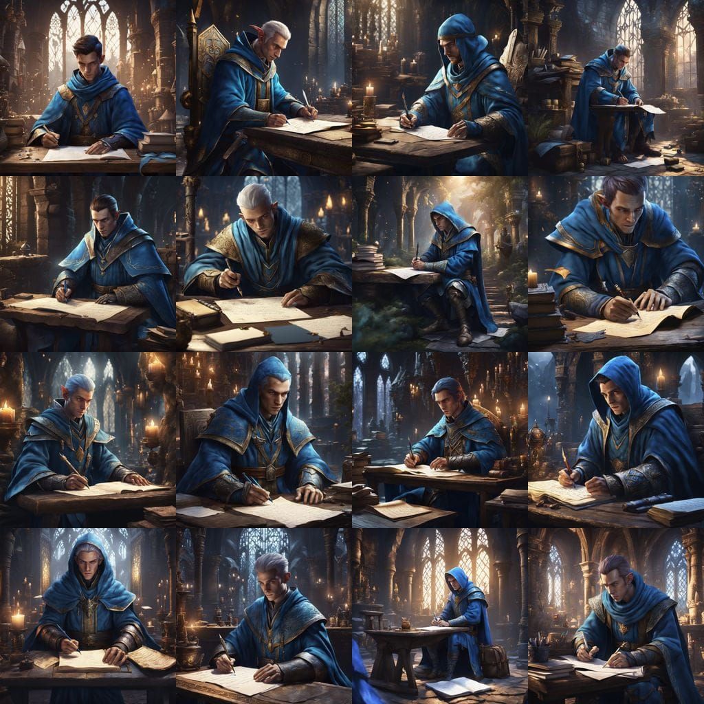 Elegant High Elf Scholar in Blue Robes Writing a Letter