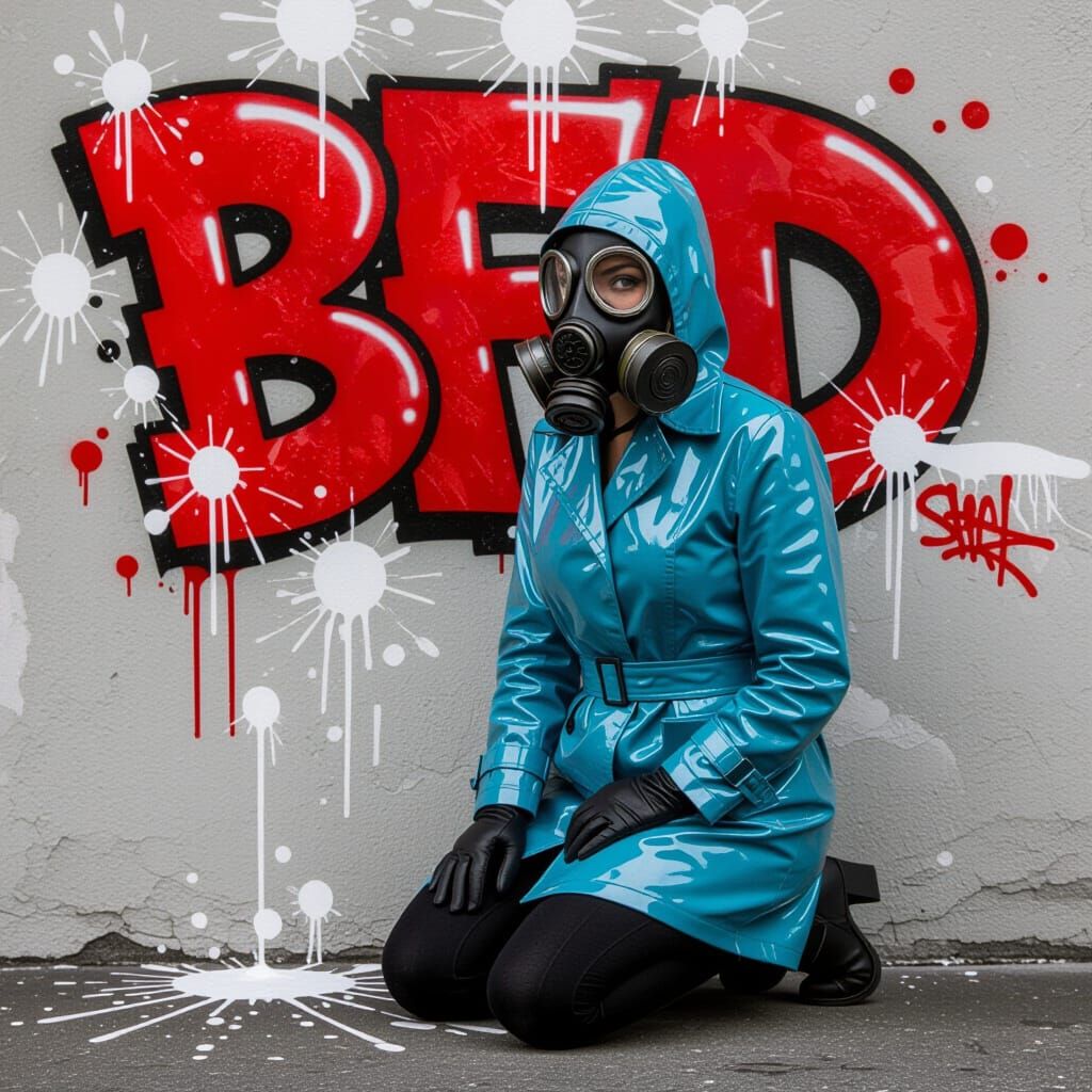 1950s Pinup in Gas Mask with Graffiti Background