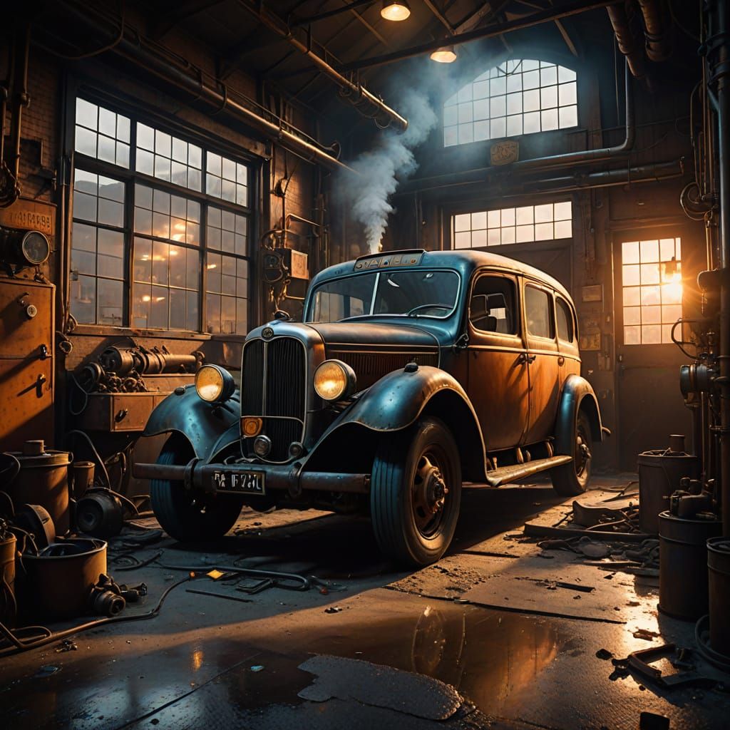Oldtimer London Bus in Steampunk-Inspired Garage Scene