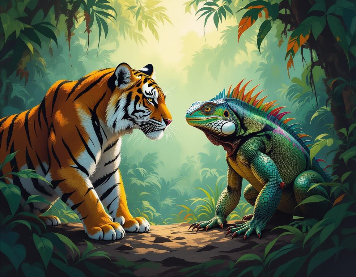 Tiger and Iguana Standoff in Lush Jungle, Frazetta-inspired