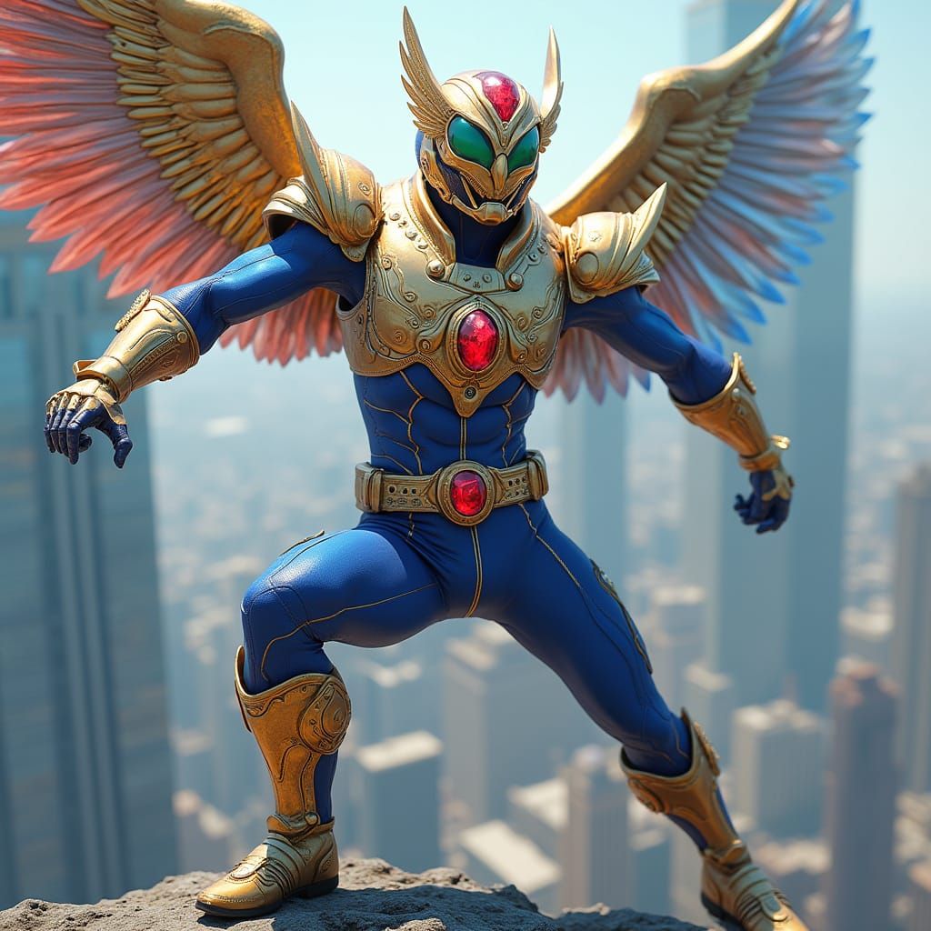 Retrofuturistic Eagle Hero in Opulent Armor