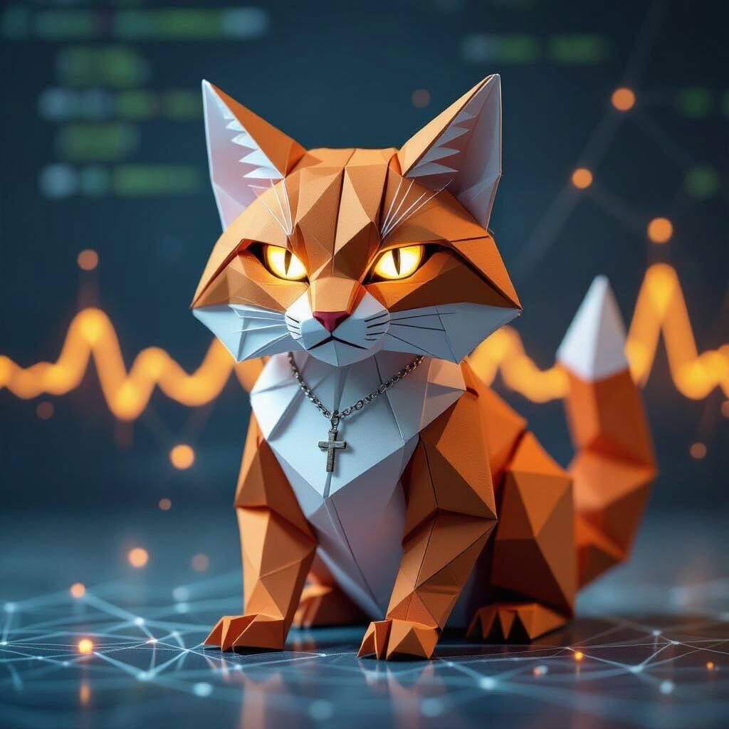 Origami Bobcat Sculpture with Glowing Eyes