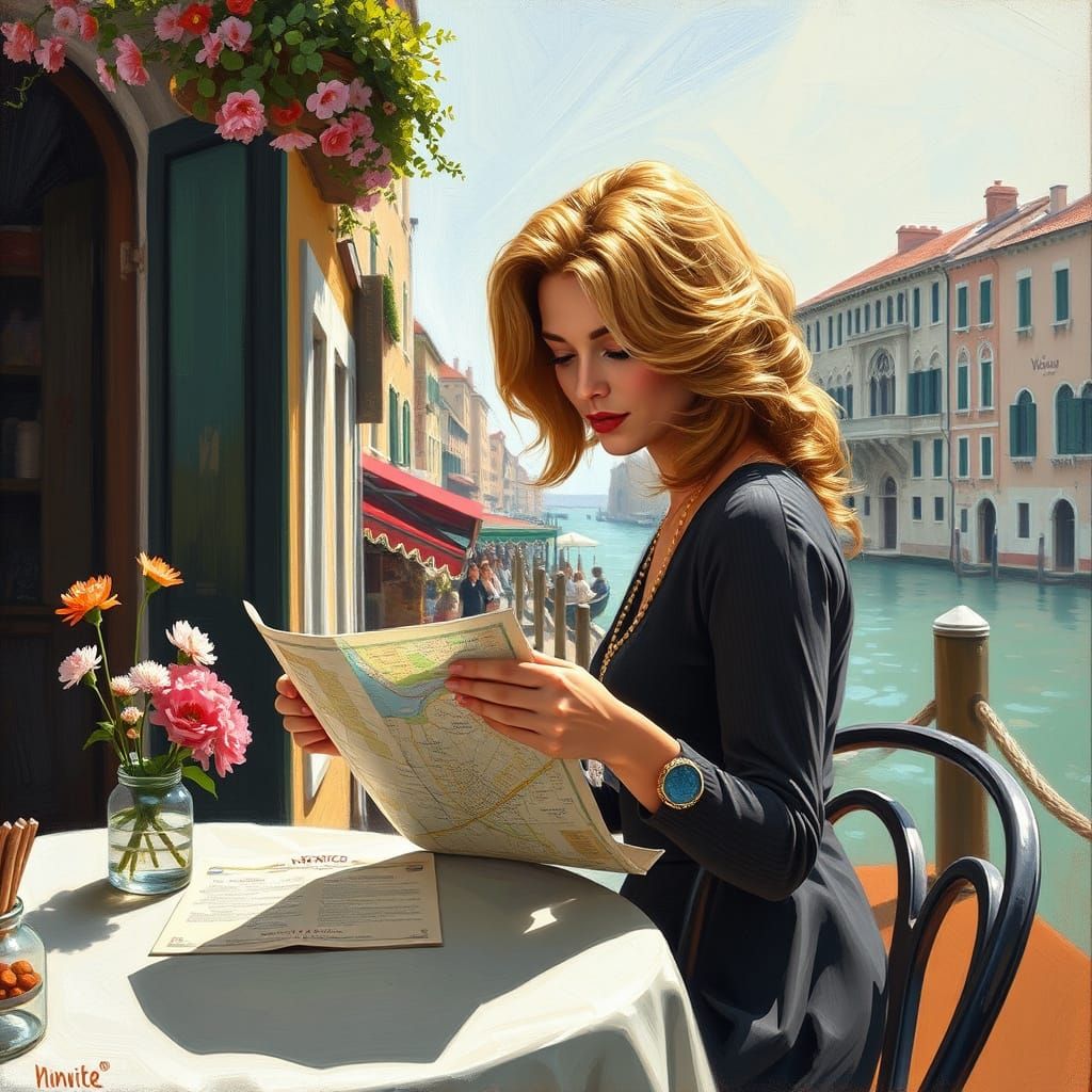 Italian Woman Reads Map in Vibrant Venetian Cafe