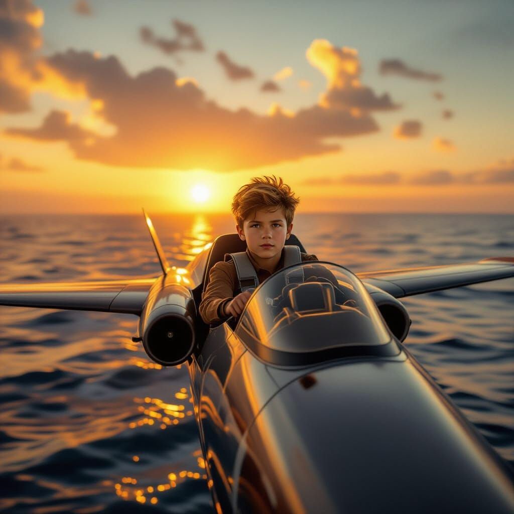 Boy Pilots Futuristic Plane into Sunset Over Shimmering Sea