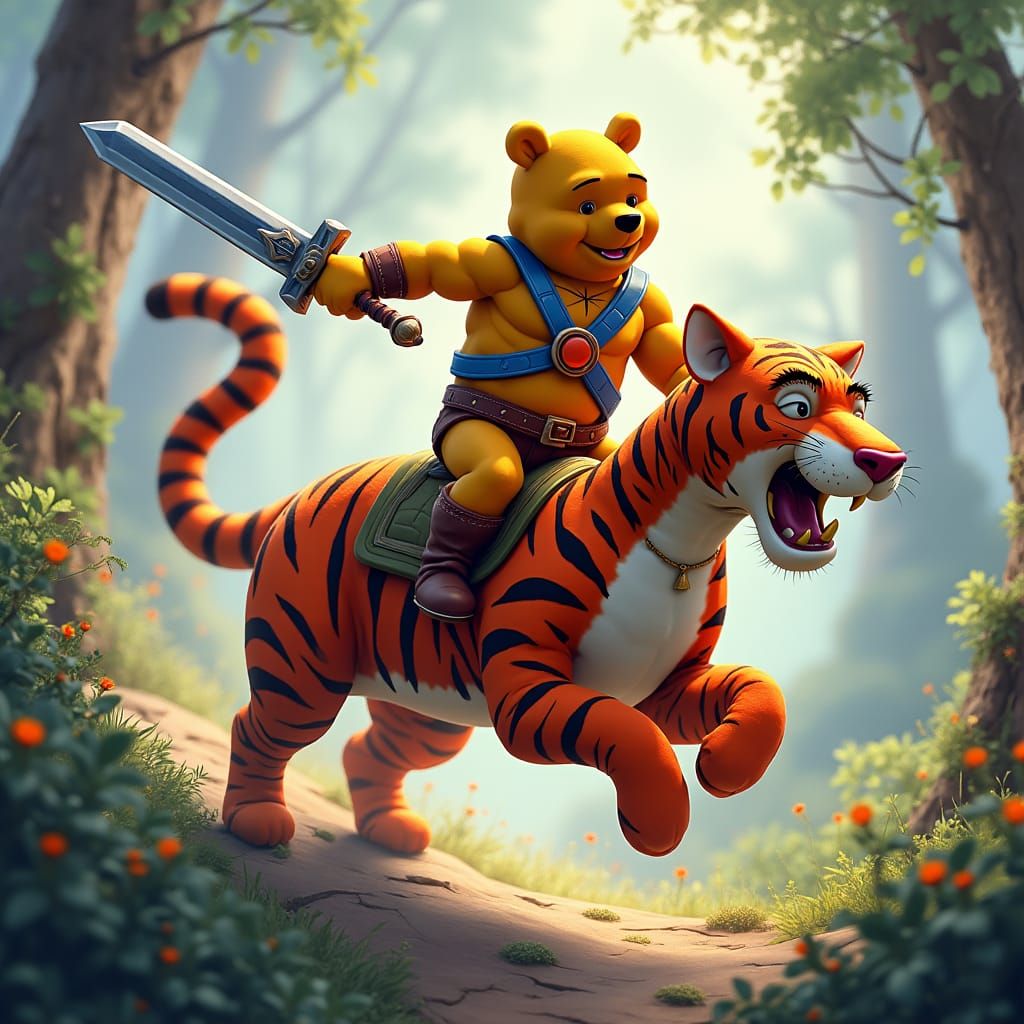 Winnie the Pooh as He-Man Rides Battle Cat