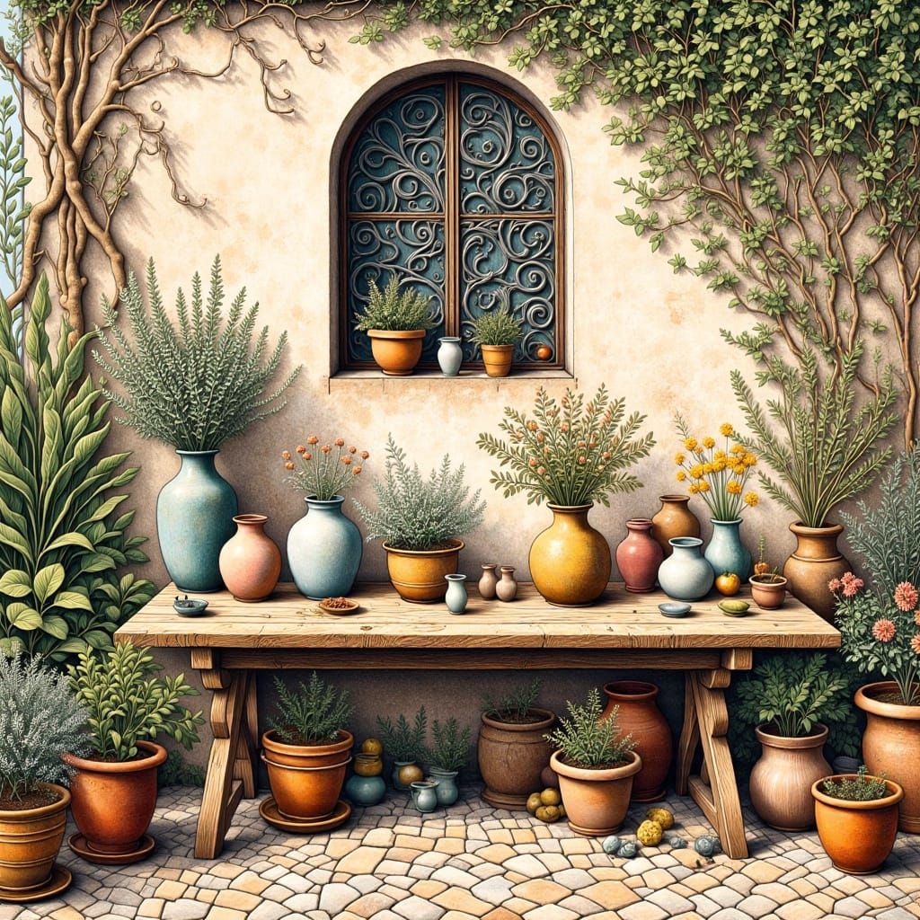 Mediterranean Courtyard Still Life in Naive Art Style