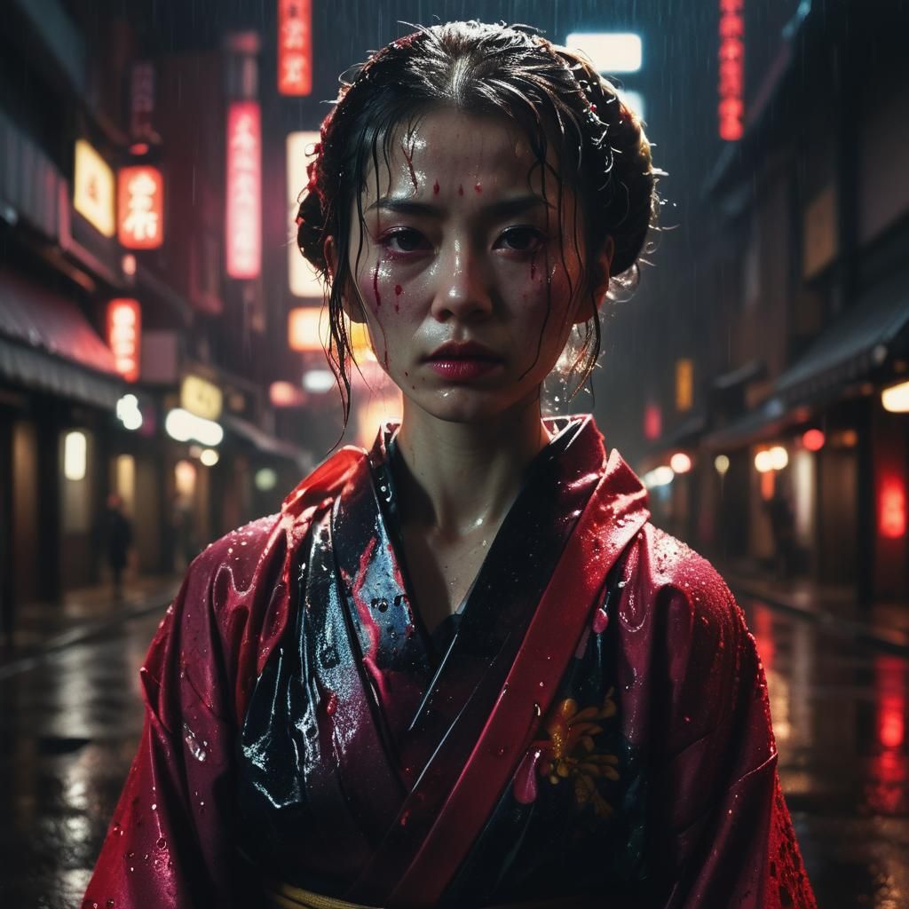 Lady Assassin in Rainy City: Rembrandt-Inspired Portrait