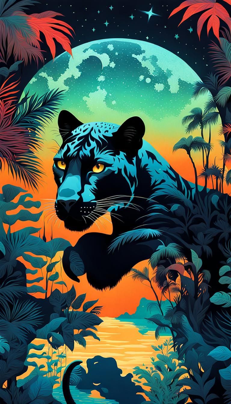 Panther Swimming in Jungle: Surreal Double Exposure Art