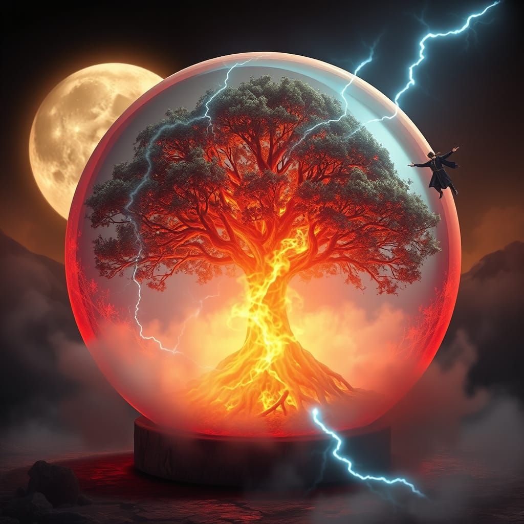 Surreal Fantasy Scene with Crystal Ball and Glowing Tree
