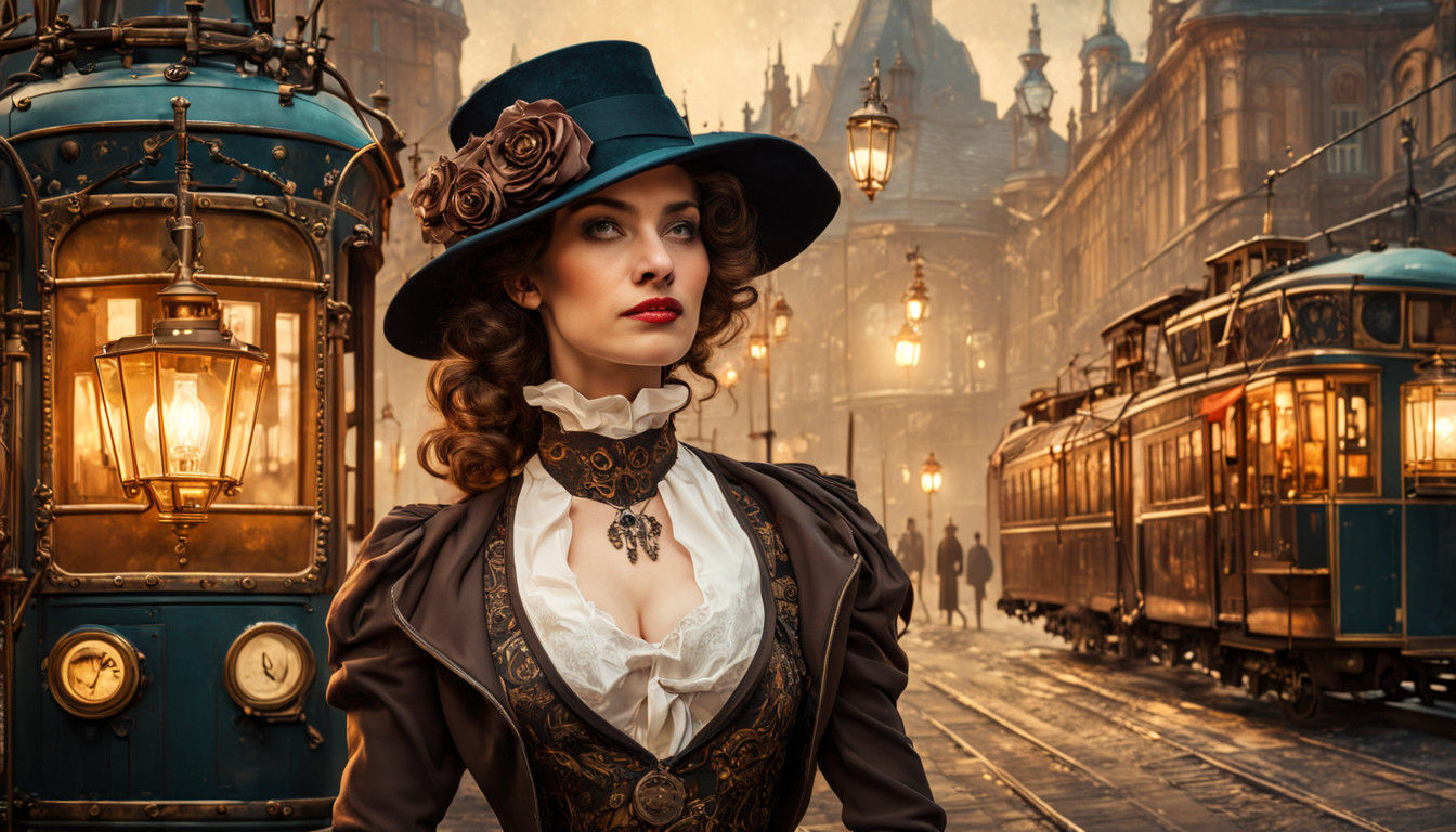 Enchanting Steampunk Lady Amidst Vintage Tram in Antique Cit...
