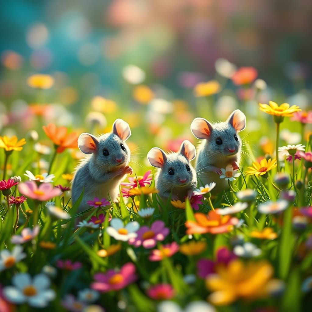 Whimsical Fantasy Scene in Vibrant Green Meadow