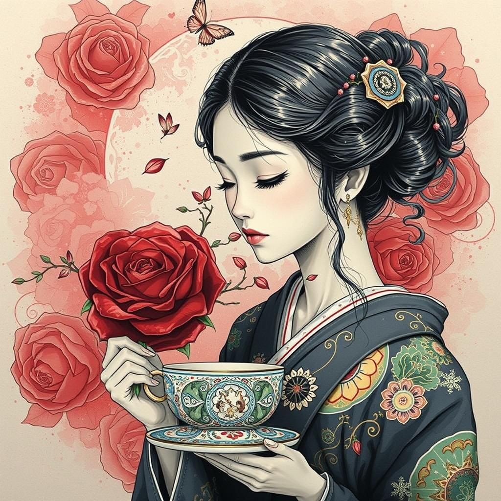 Geisha-Inspired Portrait with Rose Scent, Ink Art Style