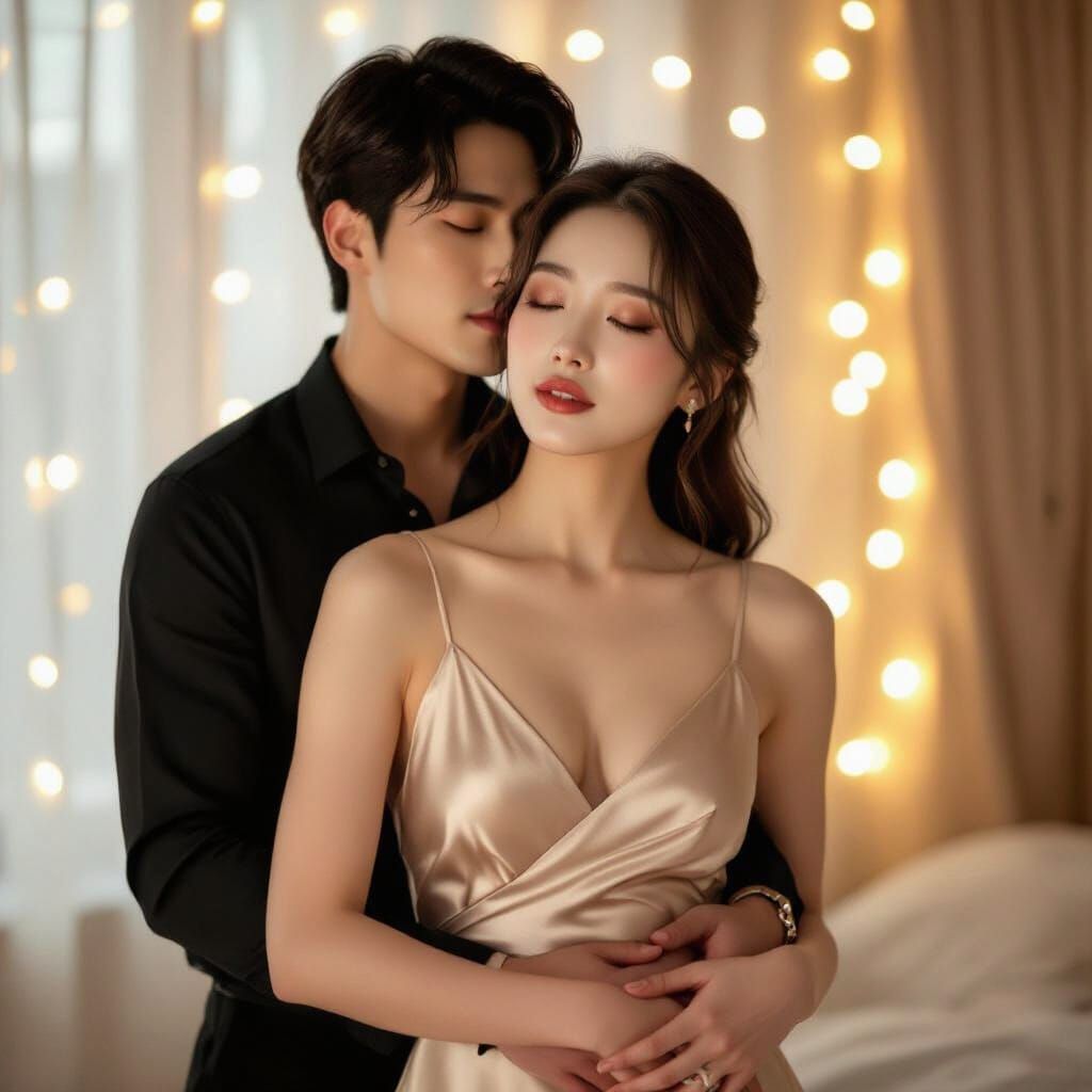 Romantic Korean Drama Scene with Golden Fairy Lights