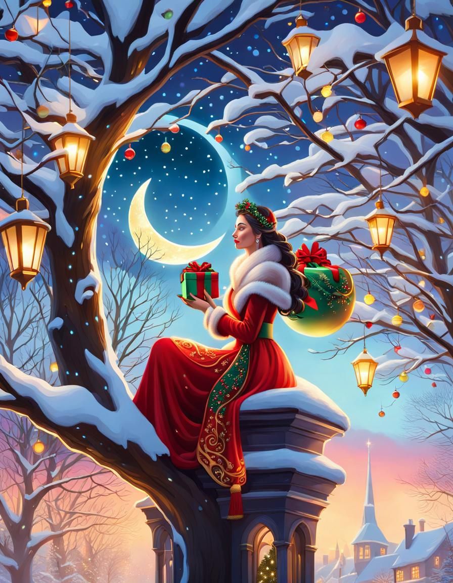 Festive Christmas Scene with Woman and Cityscape
