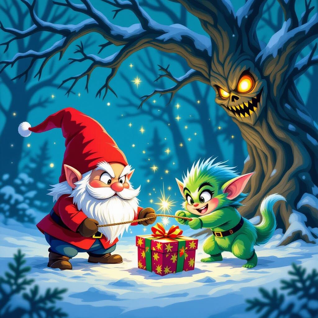 Gnome vs Gremlin Tug-of-War Under Spooky Tree