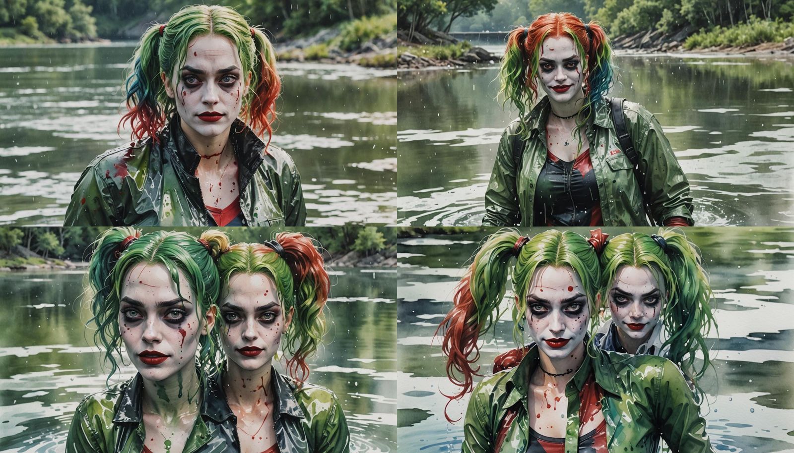 Watercolor Portrait of Harley Quinn Emerging from Lake