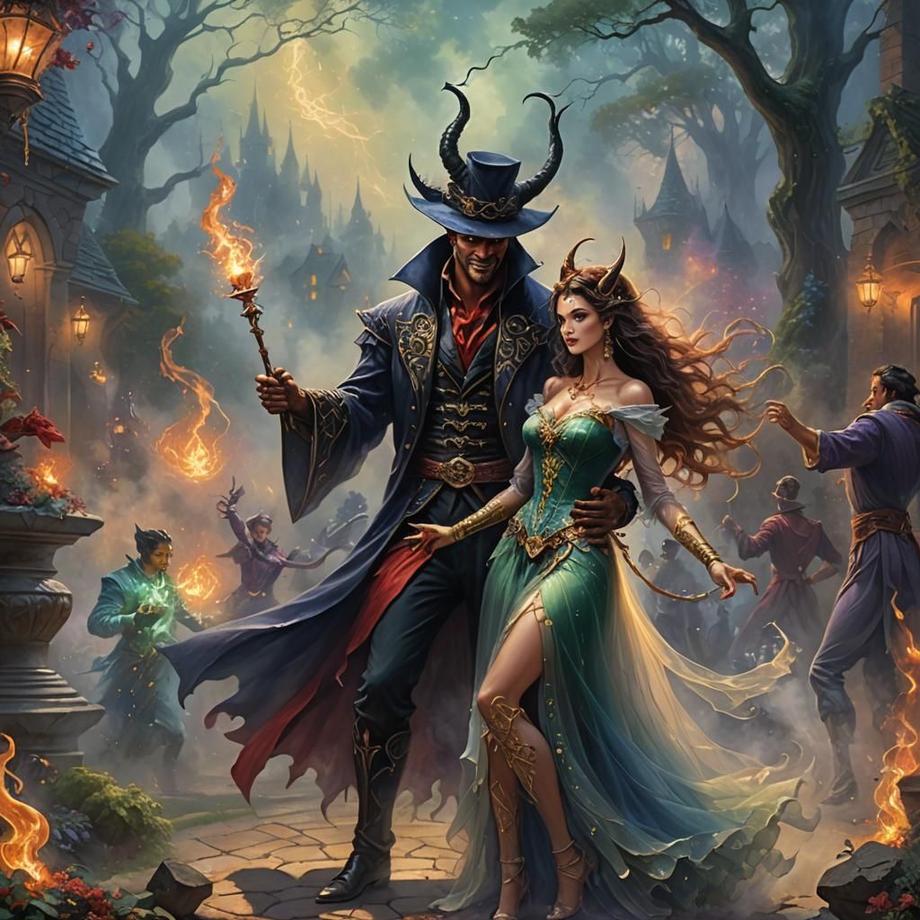 Female Warlock Dancing with Devil in Ethereal Fantasy