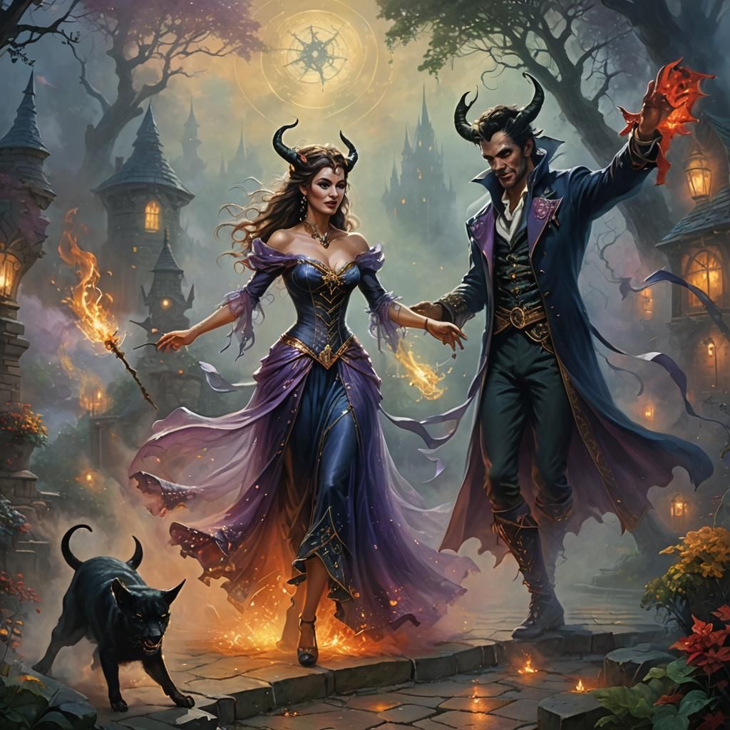 Female Warlock Dancing with Devil in Ethereal Fantasy