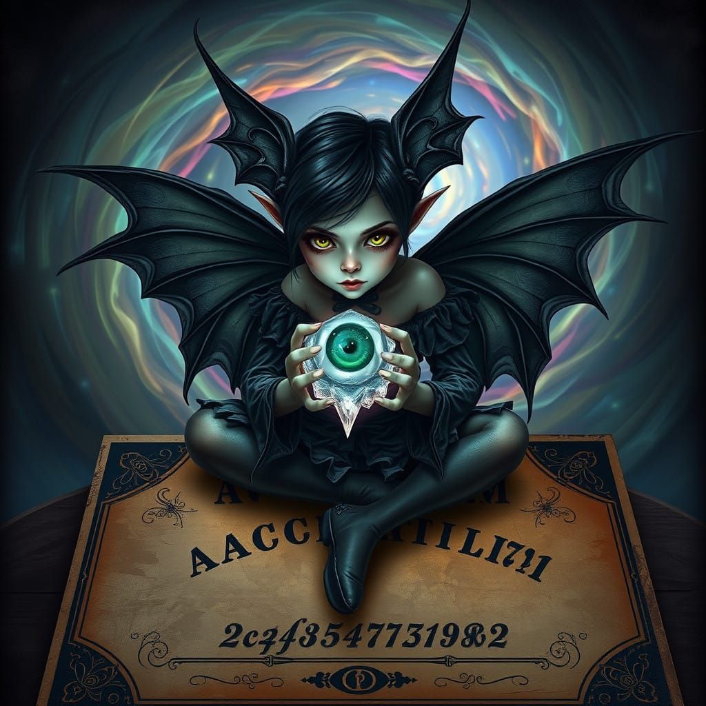 Surreal Pixie Meditates on Ouija Board in Victorian-Era Atti...