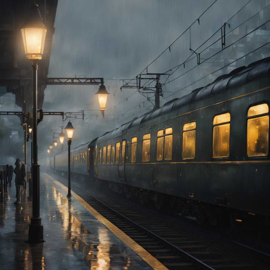 Gloomy Train Station at Dusk in Moody Impressionist Style
