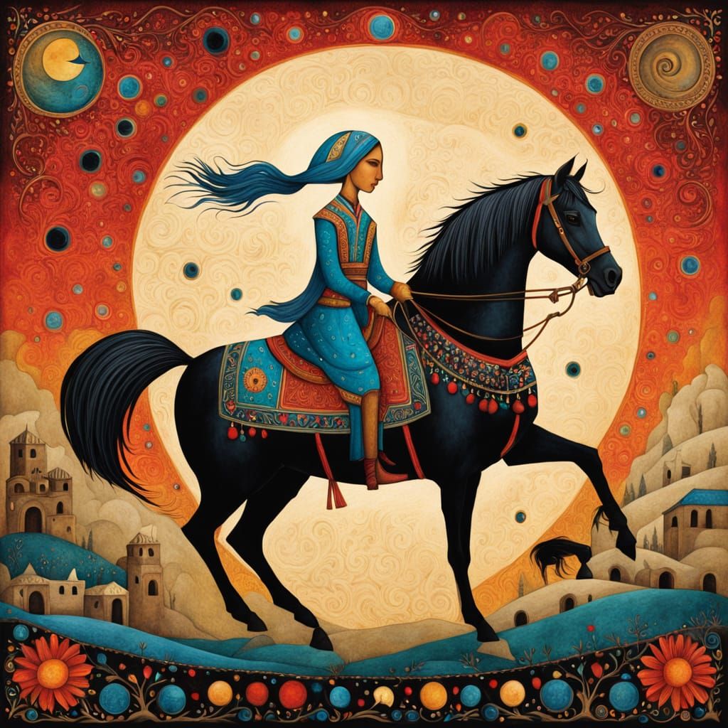 Rider Under Moon in Art Brut Style