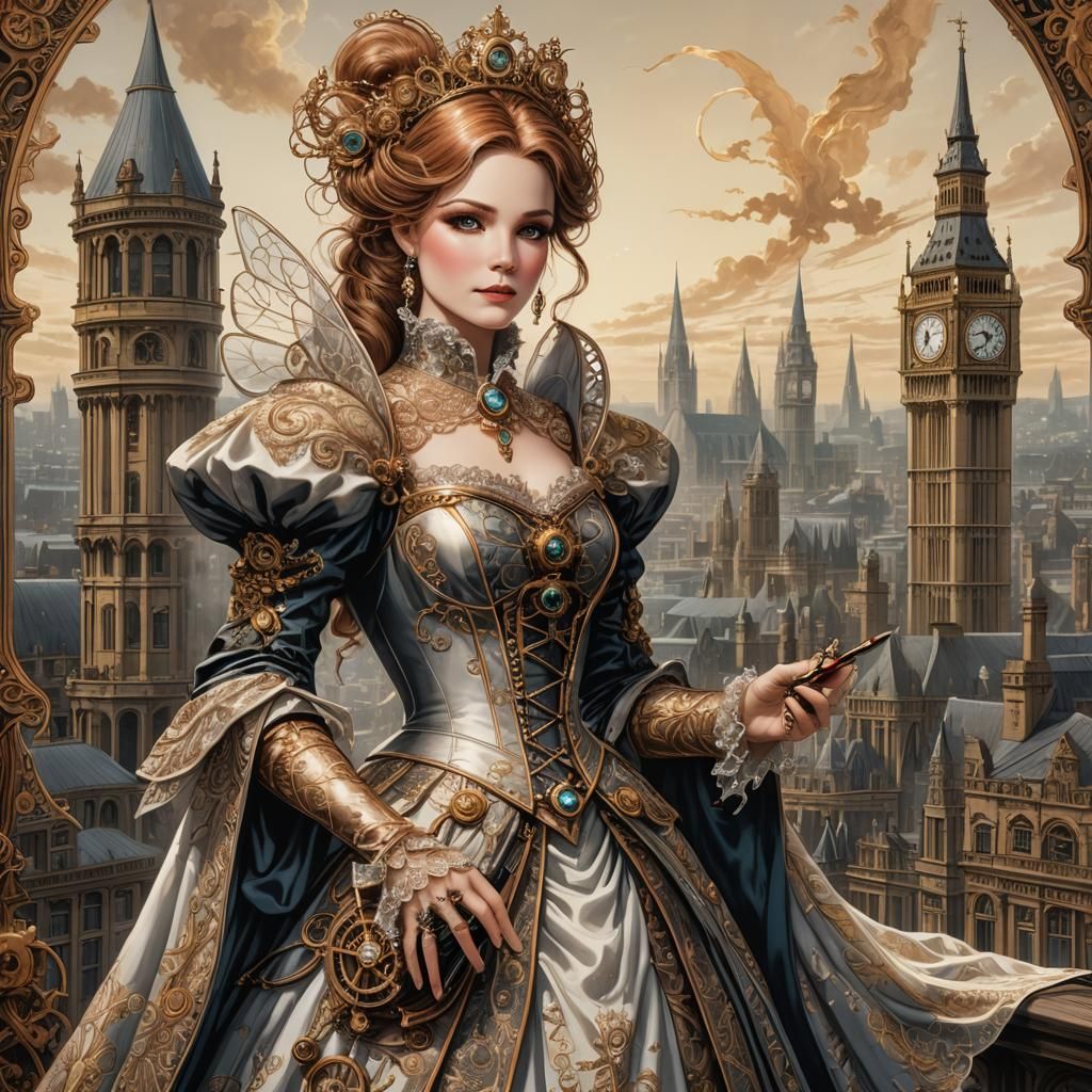 Steampunk Fairy Godmother in London: Fantasy Art