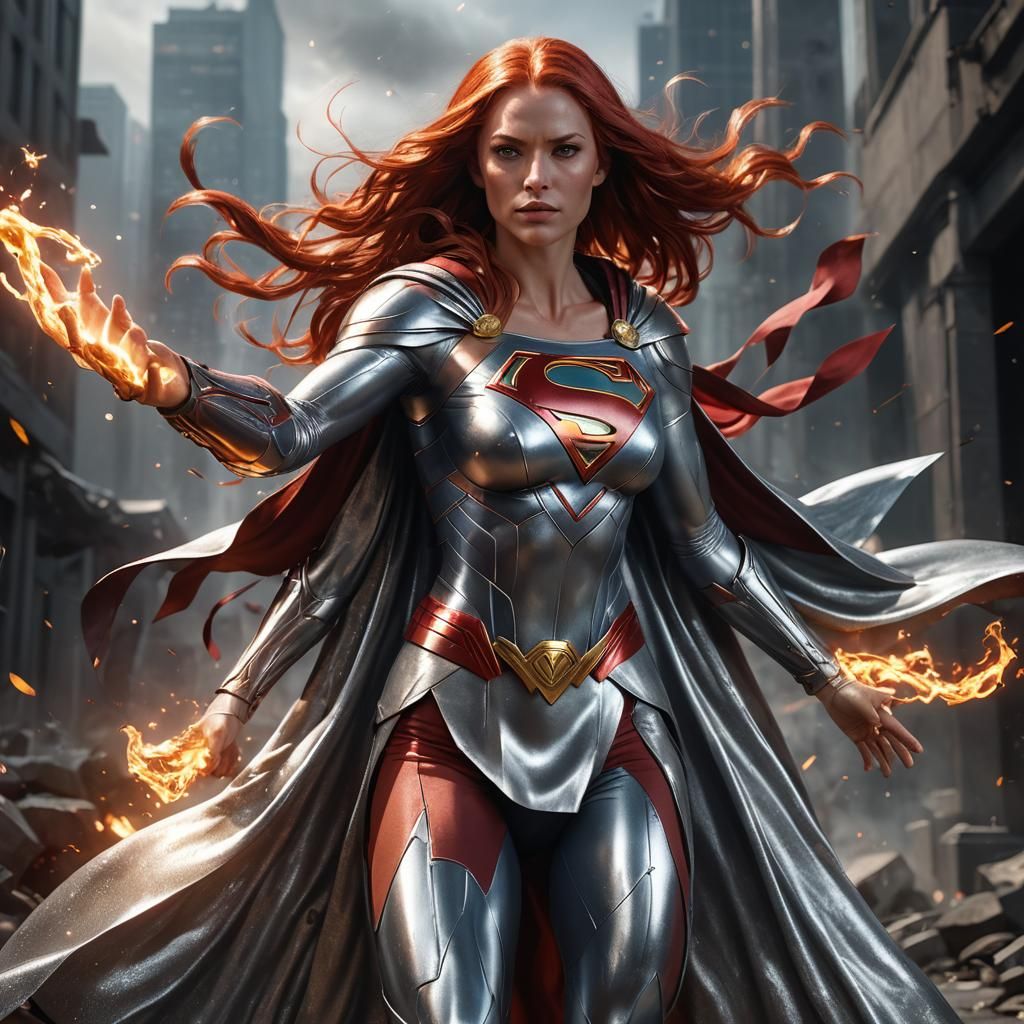 Fiery Supergirl with Silver Cape, Digital Art