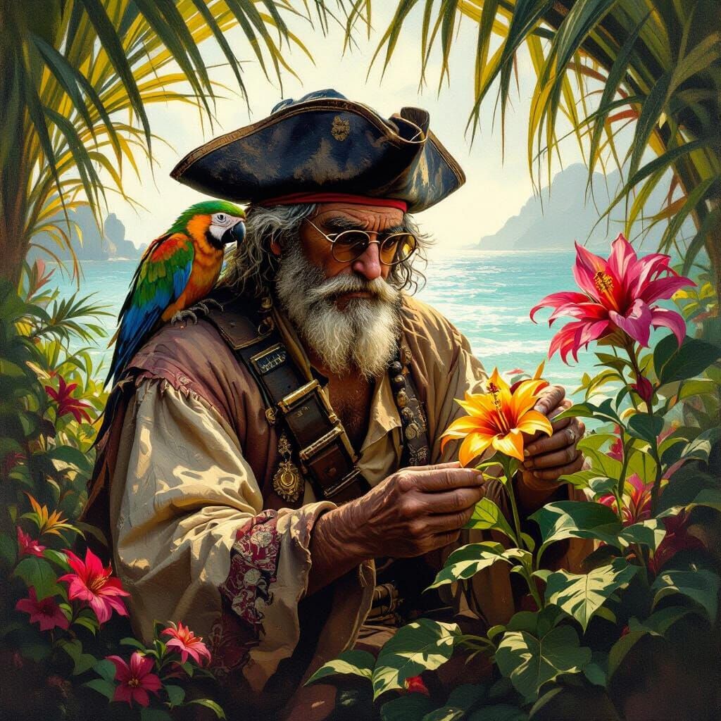 Retired Pirate Captain Tends Exotic Garden in Oil Painting S...