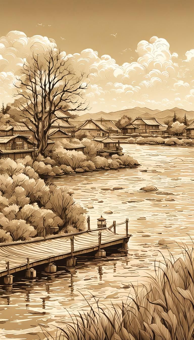 Spring Wind: Detailed Ink Painting in Ukiyo-e Style