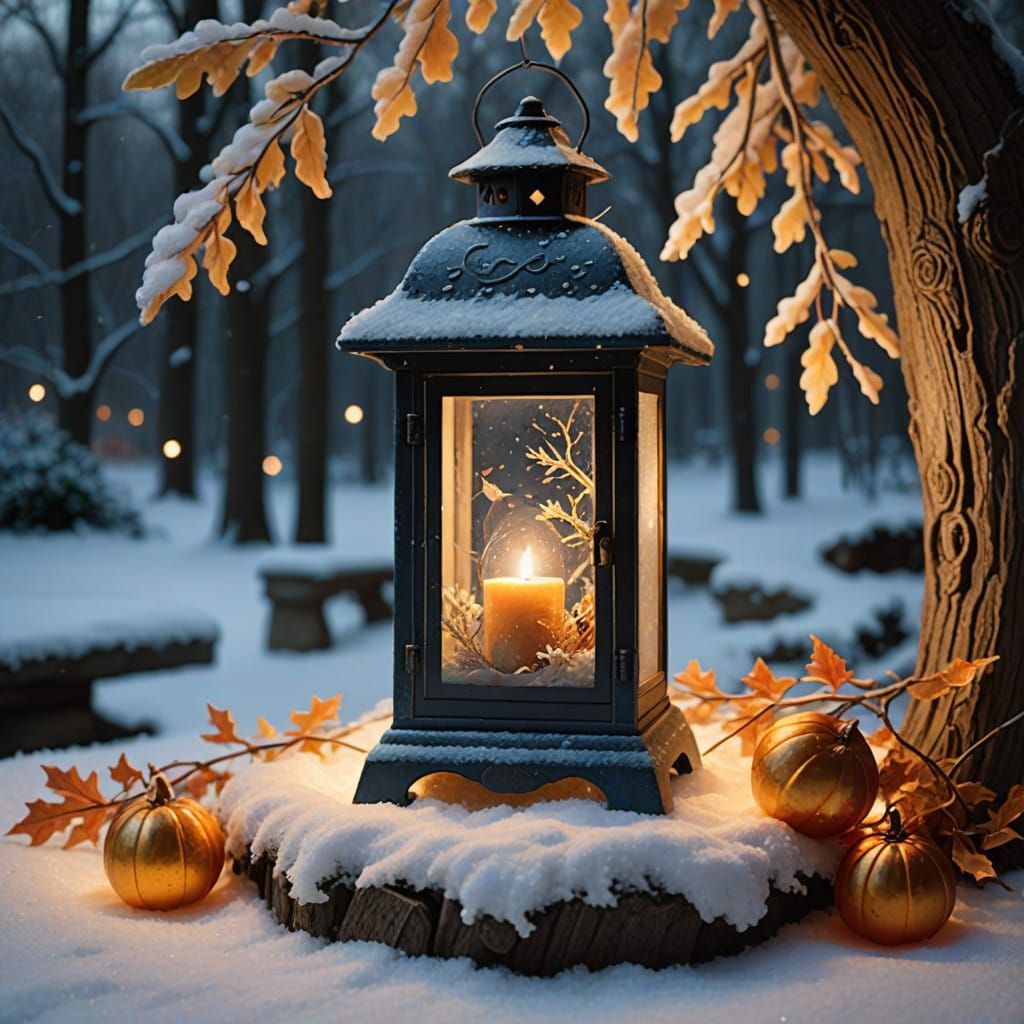 Whimsical Autumn Lantern Scene with Cosy Mouse and Snowy Win...