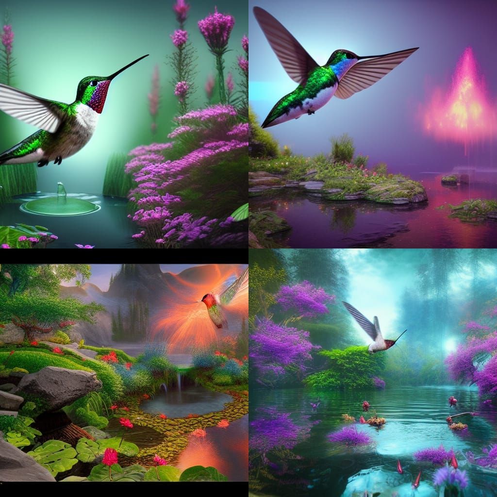Hummingbird at Enlightenment Pond: Detailed Fantasy Art