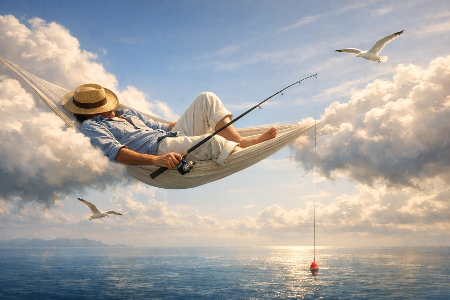 Man Fishing Peacefully in Cloud Hammock Above Water