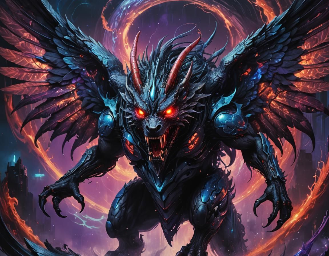 Winged Cyberpunk Chimera Emerges From Vortex