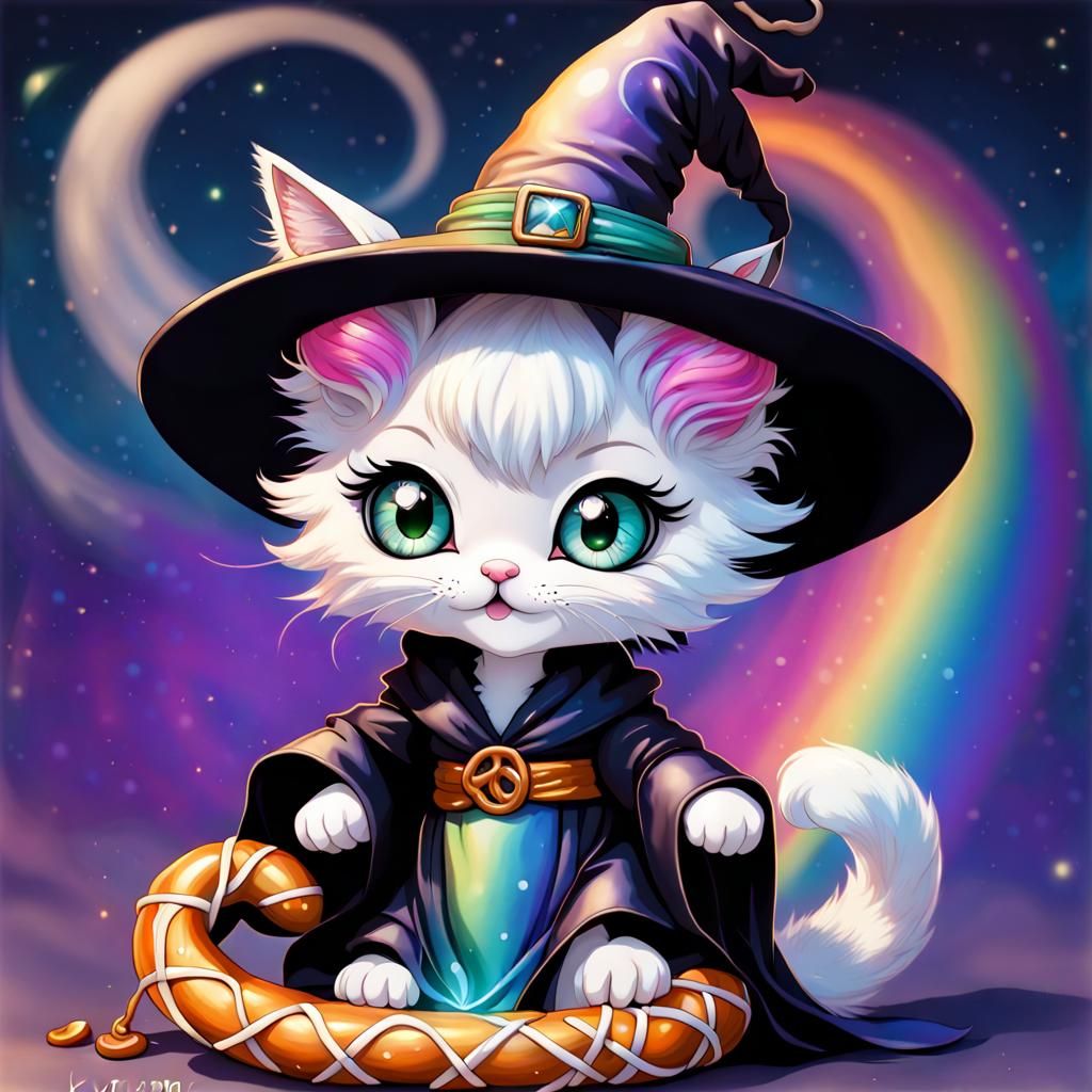 Pretzel Kitten Witch with Rainbow Robes